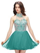 Vintage Teal A-line Beading Prom Gown Zipper Organza Sleeveless Mini Length