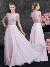 Sexy Floor Length Pink Prom Gown Scoop Sleeveless Zipper