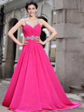  Zipper Dress for Prom Hot Pink for Prom and Party with Beading Brush Train