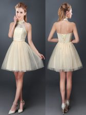  Halter Top Sleeveless Mini Length Lace and Appliques Lace Up Court Dresses for Sweet 16 with Champagne