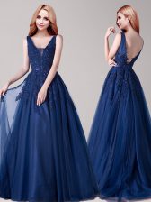  Navy Blue Sleeveless Tulle Backless Prom Dress for Prom