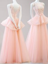 Low Price Scoop Peach Tulle Backless Prom Gown Sleeveless Floor Length Appliques and Belt