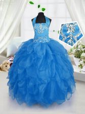 Simple Halter Top Sleeveless Lace Up Kids Formal Wear Baby Blue Organza