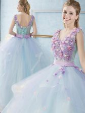 Glamorous Tulle Sleeveless Floor Length 15 Quinceanera Dress and Appliques and Ruffles