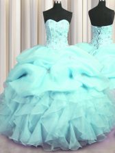  Visible Boning Aqua Blue Sleeveless Floor Length Beading and Ruffles and Pick Ups Lace Up Sweet 16 Dress