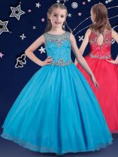  Scoop Floor Length Zipper Little Girls Pageant Gowns Baby Blue for Quinceanera and Wedding Party with Beading