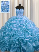 Lovely Baby Blue Sweetheart Lace Up Beading and Pick Ups Ball Gown Prom Dress Court Train Sleeveless