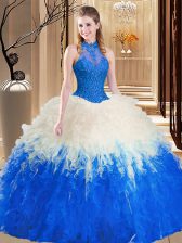Artistic Backless High-neck Sleeveless Sweet 16 Dresses Floor Length Lace and Appliques and Ruffles Blue And White Tulle
