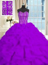  Sweetheart Sleeveless Brush Train Lace Up Sweet 16 Dresses Eggplant Purple Organza