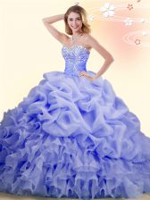  Lavender Sleeveless With Train Beading and Ruffles and Pick Ups Lace Up Quinceanera Gown