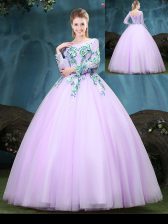  Scoop Lilac Lace Up Quinceanera Dress Appliques Long Sleeves Floor Length