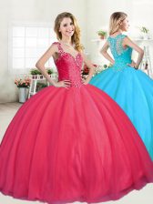  Straps Coral Red Tulle Zipper Quinceanera Dress Sleeveless Floor Length Beading