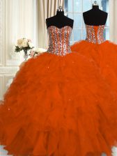 Noble Red 15 Quinceanera Dress Military Ball and Sweet 16 and Quinceanera with Beading and Ruffles Sweetheart Sleeveless Lace Up