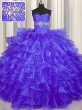 Modest Purple Organza Lace Up Sweetheart Sleeveless Floor Length Quinceanera Gowns Beading and Ruffled Layers