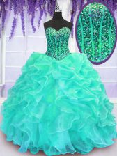 Turquoise Quinceanera Gowns Military Ball and Sweet 16 and Quinceanera with Beading and Ruffles Sweetheart Sleeveless Lace Up