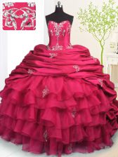 Traditional Rose Pink Sweet 16 Dresses Military Ball and Sweet 16 and Quinceanera with Beading and Appliques and Ruffled Layers and Pick Ups Strapless Sleeveless Brush Train Lace Up