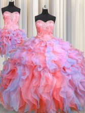 Custom Design Three Piece Organza Sweetheart Sleeveless Lace Up Beading and Appliques and Ruffles 15th Birthday Dress in Multi-color