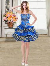 Stylish Blue Taffeta Lace Up Sweetheart Sleeveless Mini Length Prom Dresses Beading and Embroidery and Ruffled Layers