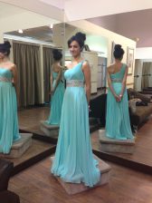 Amazing One Shoulder Baby Blue Sleeveless Chiffon Sweep Train Zipper Prom Dresses for Prom