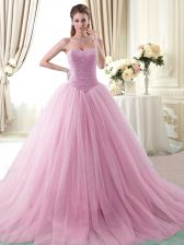  Rose Pink Ball Gowns Tulle Sweetheart Sleeveless Beading With Train Lace Up Quinceanera Dresses Brush Train