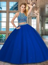 Sexy Royal Blue Scoop Backless Beading Ball Gown Prom Dress Sleeveless