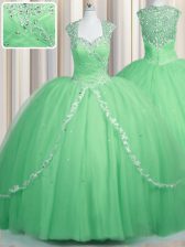  Apple Green Ball Gowns Tulle Sweetheart Cap Sleeves Beading and Appliques Zipper Sweet 16 Quinceanera Dress Brush Train