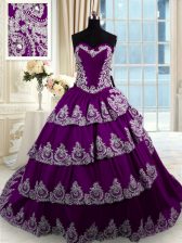 Super Purple Taffeta Lace Up Sweetheart Sleeveless With Train Sweet 16 Quinceanera Dress Court Train Beading and Appliques and Ruffled Layers