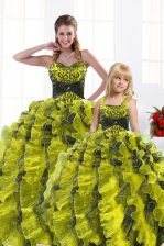Hot Selling Sweetheart Sleeveless Organza 15 Quinceanera Dress Beading and Appliques and Ruffles Lace Up