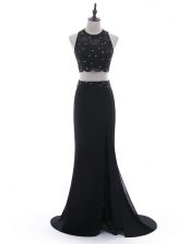 Free and Easy Scoop With Train Side Zipper Prom Evening Gown Black for Prom and Party with Beading and Lace Brush Train