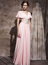  Short Sleeves Chiffon Floor Length Side Zipper Prom Dresses in Pink with Beading and Ruching