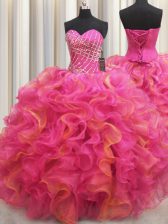 New Arrival Hot Pink Sweetheart Neckline Beading and Ruffles Sweet 16 Quinceanera Dress Sleeveless Lace Up
