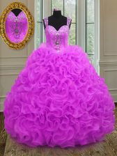  Fuchsia Straps Lace Up Beading and Ruffles Sweet 16 Dress Sleeveless