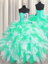 Fine Floor Length Lace Up Sweet 16 Dresses Apple Green for Military Ball and Sweet 16 and Quinceanera with Beading and Ruffles
