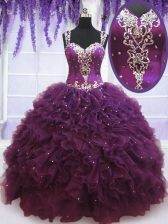  Purple Quinceanera Gown Military Ball and Sweet 16 and Quinceanera with Beading and Ruffles Straps Sleeveless Zipper
