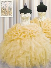  Visible Boning Floor Length Gold Sweet 16 Quinceanera Dress Sweetheart Sleeveless Lace Up