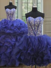 Custom Fit Three Piece Organza Sweetheart Sleeveless Lace Up Beading and Ruffles Ball Gown Prom Dress in Royal Blue