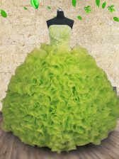  Yellow Green Organza Lace Up Ball Gown Prom Dress Sleeveless Floor Length Beading and Ruffles