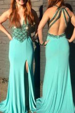  Turquoise V-neck Neckline Beading Prom Party Dress Sleeveless Backless
