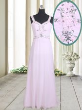 Luxurious Pink Chiffon Zipper Straps Sleeveless Floor Length Dress for Prom Beading