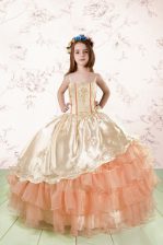  Orange Red Organza Lace Up Little Girl Pageant Dress Sleeveless Floor Length Embroidery and Ruffled Layers