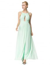 High Class Scoop Turquoise Chiffon Backless Prom Party Dress Sleeveless Floor Length Ruching