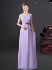  Lavender Chiffon Lace Up Vestidos de Damas Sleeveless Floor Length Lace and Belt