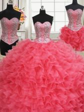  Three Piece Ball Gowns Quinceanera Gowns Coral Red Sweetheart Organza Sleeveless Floor Length Lace Up
