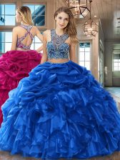  Scoop Floor Length Criss Cross Sweet 16 Dress Royal Blue for Military Ball and Sweet 16 and Quinceanera with Beading and Ruffles and Pick Ups