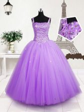 Customized Lilac Lace Up Kids Formal Wear Beading and Sequins Sleeveless Floor Length