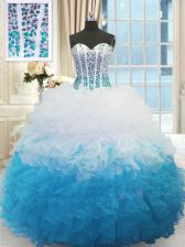 Glorious Blue And White Sleeveless Floor Length Beading and Ruffles Lace Up 15 Quinceanera Dress