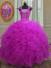  Straps Beading and Ruffles and Sequins 15 Quinceanera Dress Fuchsia Lace Up Sleeveless Floor Length