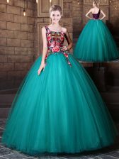 Beautiful One Shoulder Teal Sleeveless Tulle Lace Up Quinceanera Dresses for Military Ball and Sweet 16 and Quinceanera
