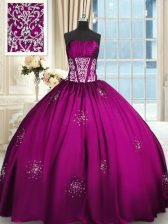  Strapless Sleeveless Sweet 16 Dress Floor Length Beading and Appliques and Ruching Fuchsia Taffeta