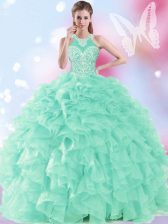  Floor Length Apple Green Ball Gown Prom Dress Halter Top Sleeveless Lace Up